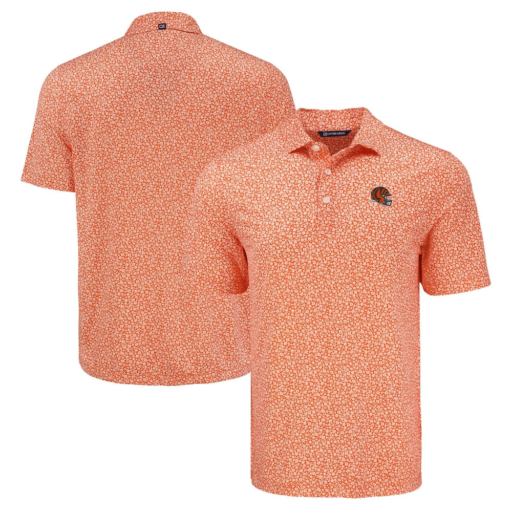 Cincinnati Bengals Merch - Men's Pike Eco Flora Print Polo, Orange - Cutter & Buck - Best Presents For Football Lovers
