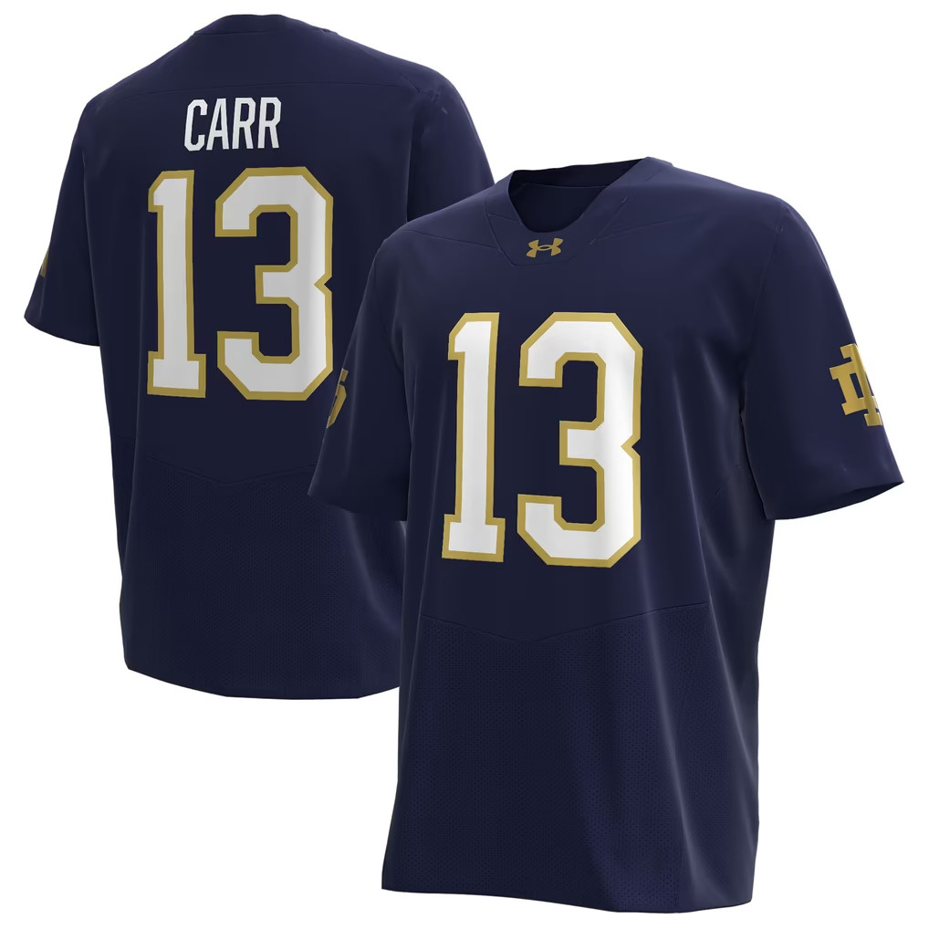 CJ Carr Jersey Shirt Notre Dame Fighting Irish Merch #13 Under Armour Home NIL Jersey Navy