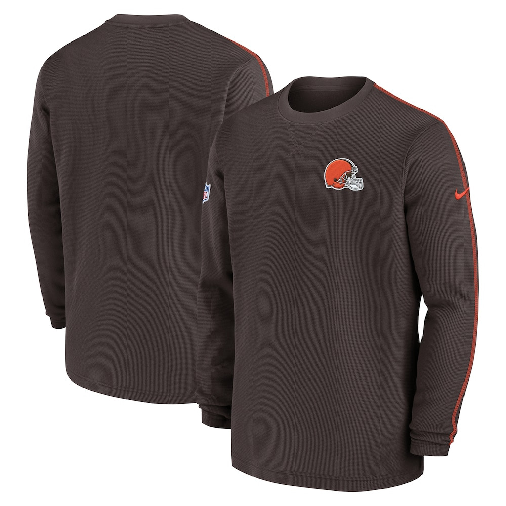 Cleveland Browns Merch - Men's 2024 Sideline Coaches Long Sleeve Top, Brown - Good Football Gifts
