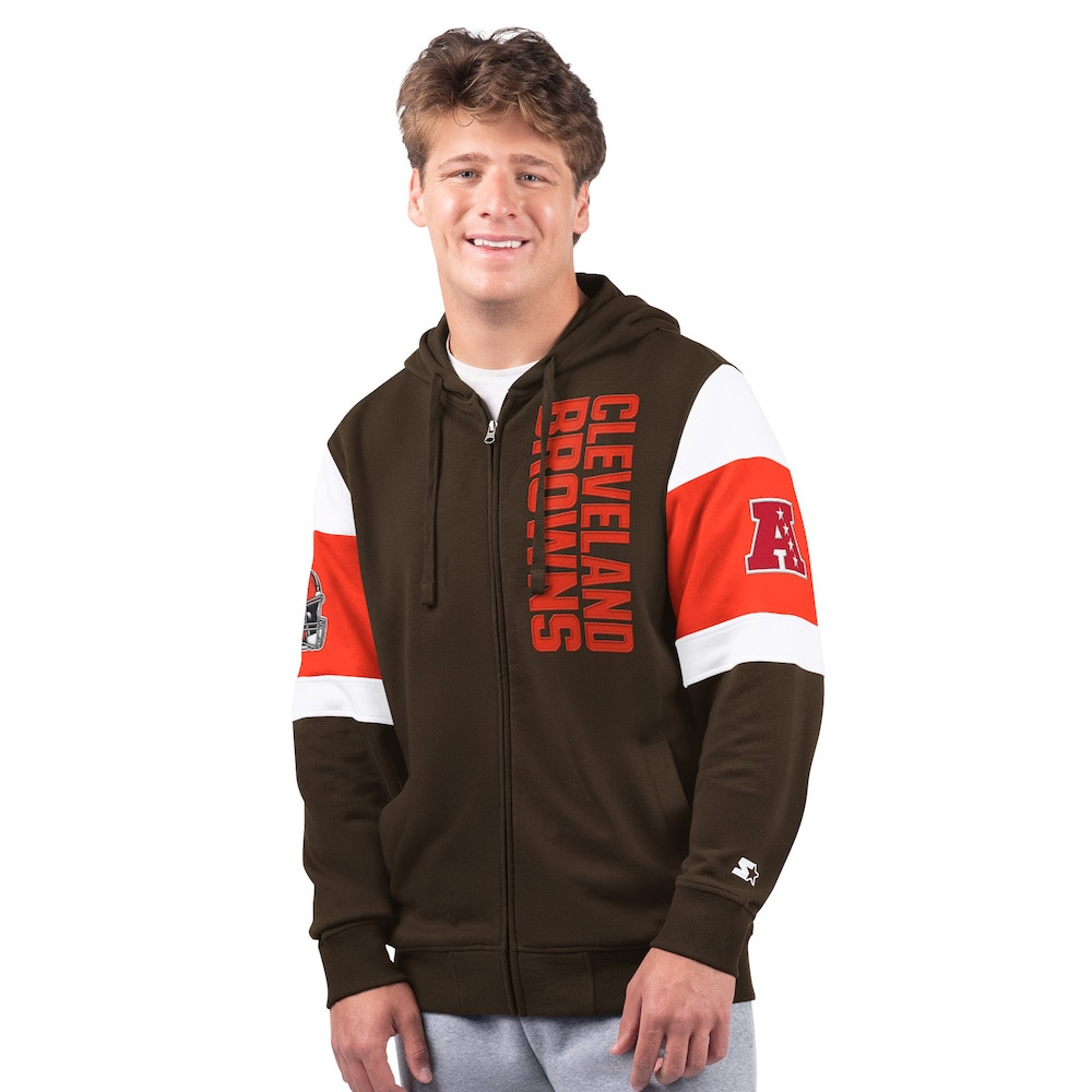 Cleveland Browns Merch - Men's Extreme Full-Zip Hoodie, Brown - Starter - Football Based Gifts