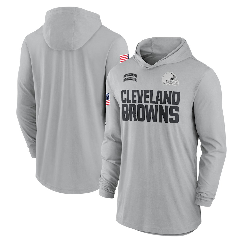 Cleveland Browns Merch - Men's Gray 2024 Salute to Service Lightweight Dri-FIT Long Sleeve Hoodie T-Shirt - Cool Football Gifts