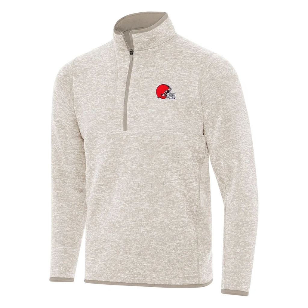 Cleveland Browns Merch - Men's Oatmeal Fortune Quarter-Zip Pullover Jacket - Antigua - American Football Gifts