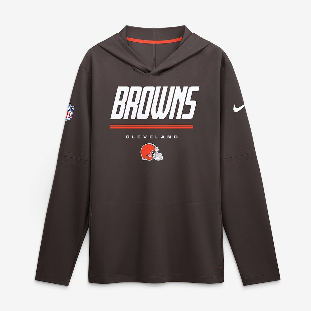 Cleveland Browns Merch - Men's Sideline Game On Lightweight Long Sleeve Hooded Dri-FIT Top, Brown - Football Present Ideas