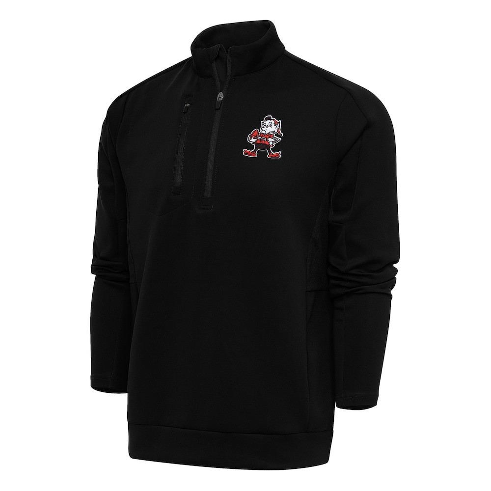 Cleveland Browns Merch - Men's Team Logo Throwback Generation Quarter-Zip Pullover Top, Black - Antigua - Football Fan Gift Ideas