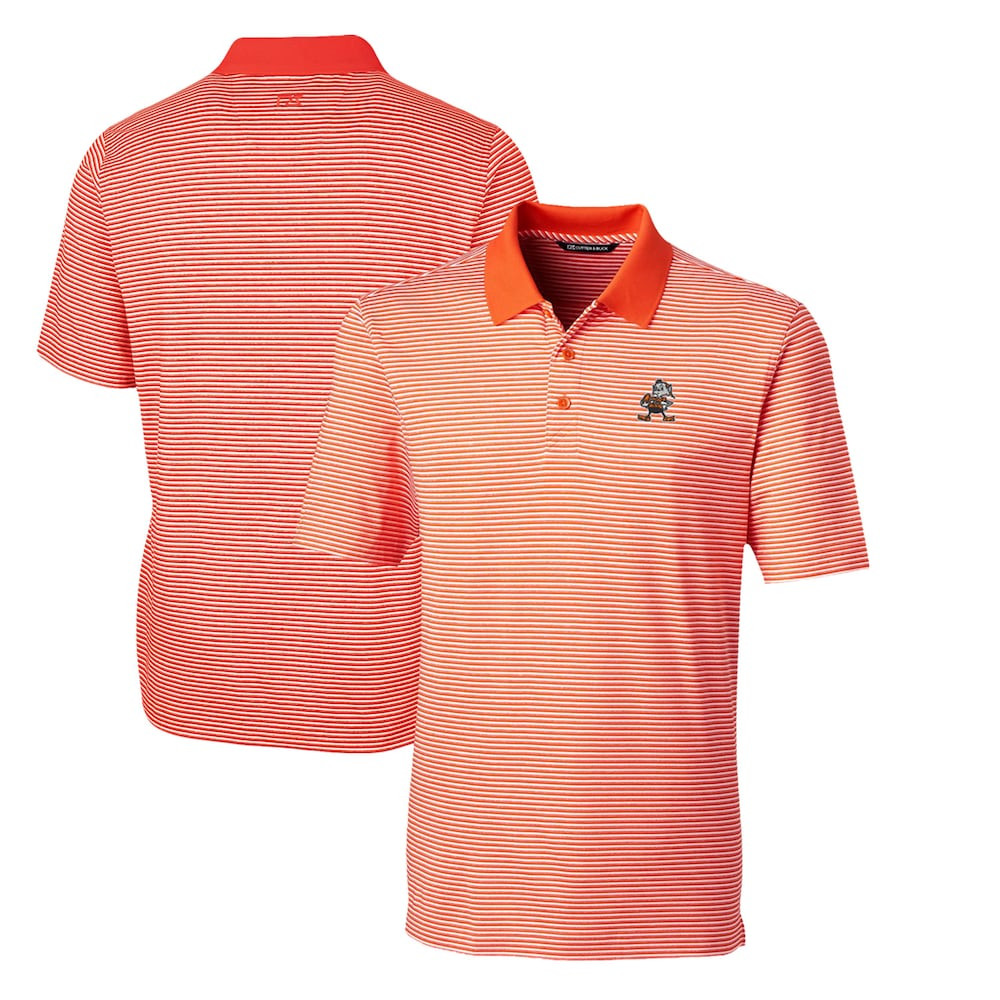 Cleveland Browns Merch - Men's Throwback Logo Forge Tonal Stripe Stretch Polo, Orange - Cutter & Buck - Football Gifts For Him