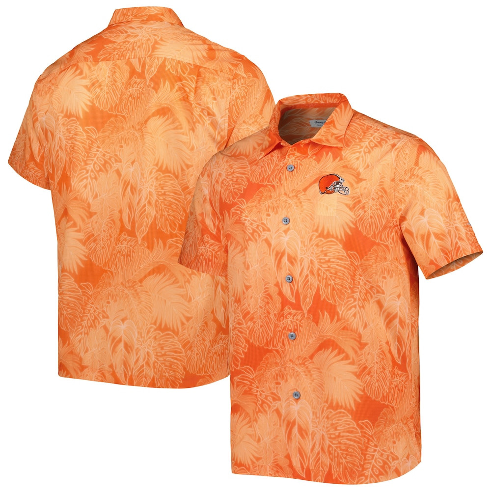 Cleveland Browns Merch - Men's Tommy Bahama Coast Luminescent Fronds Camp IslandZone Button-Up Shirt, Orange - Best Football Gift Ideas