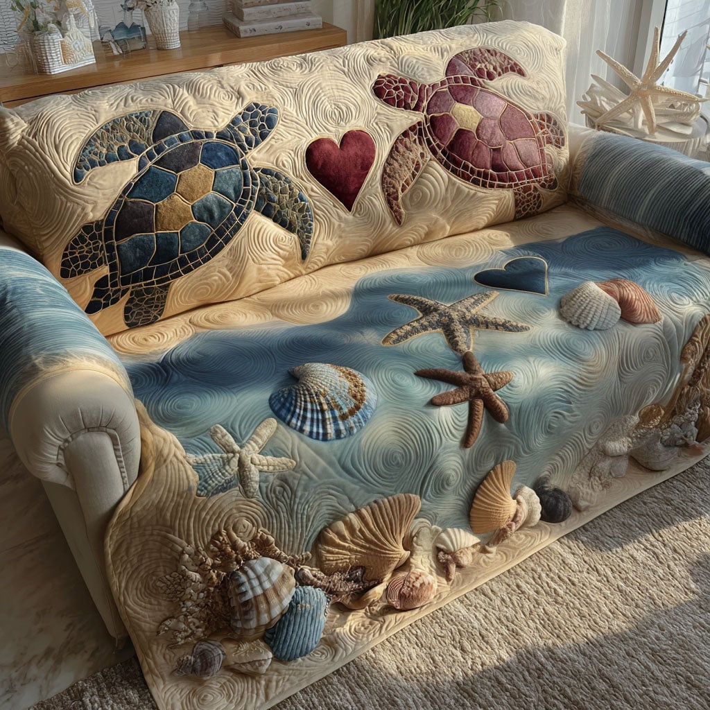 Coastal Heart Turtles Quilted Couch Cover Washable Cat Proof Sofa Cover Mother's Day Gifts For Cat Mom