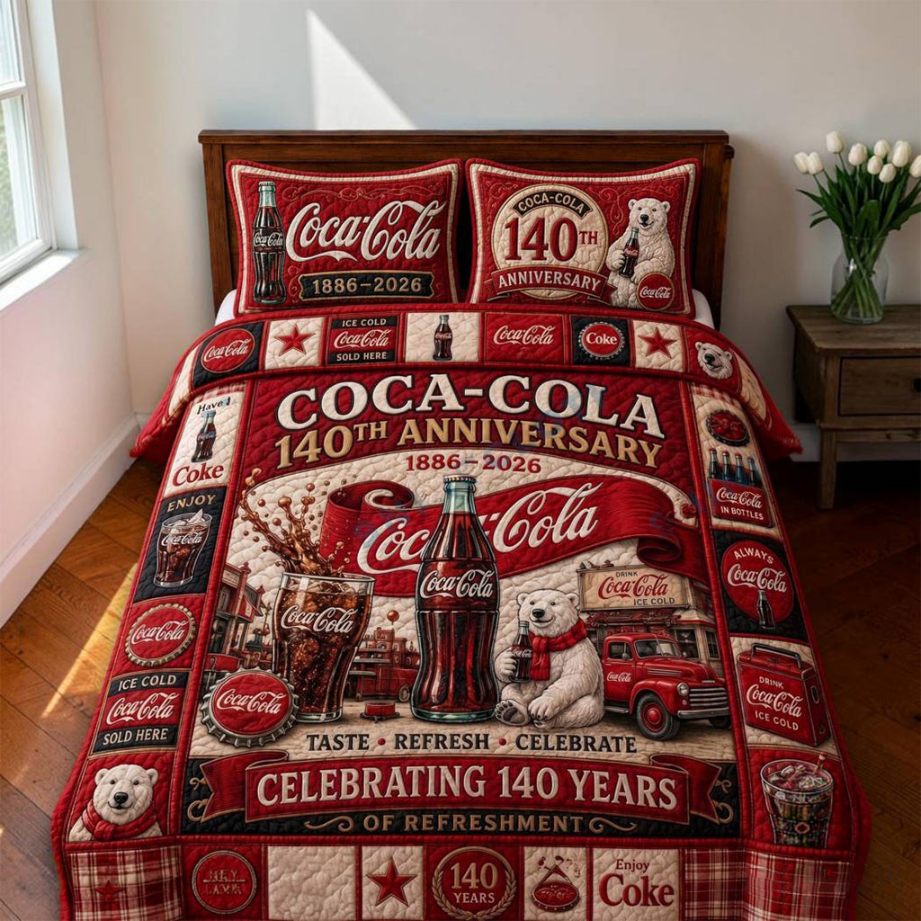 Coca-Cola 140th Anniversary 1886-2026 Quilted Bedding Set Coca-Cola Merch Bedroom Decor