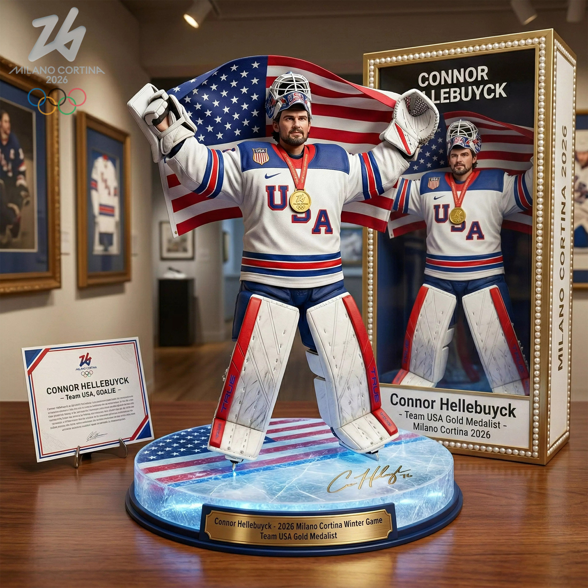 Connor Hellebuyck Team USA Hockey Gold Medal Acrylic Plaque Milano Cortina 2026 Winter Olympic