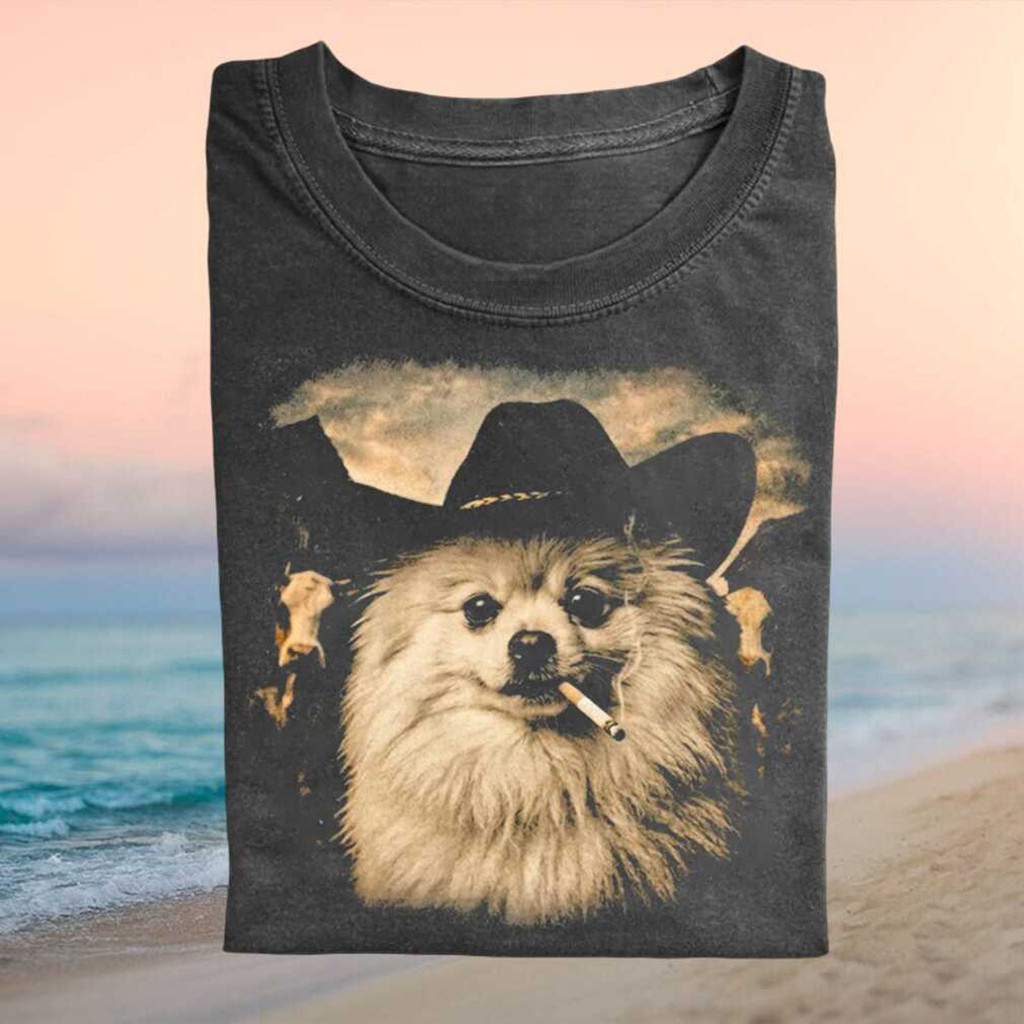 Cowboy Pomeranian Hat Smoking Dog Graphic Vintage T-Shirt Father's Day Present Ideas
