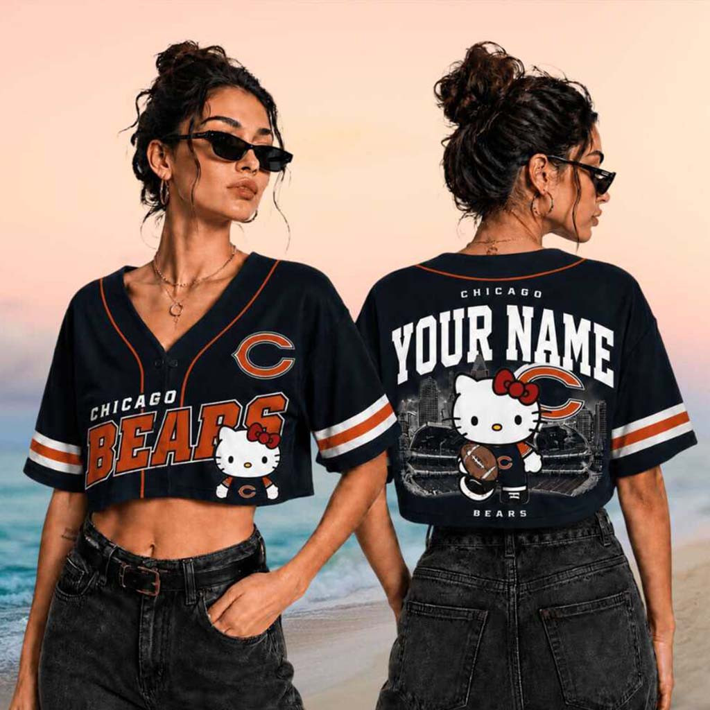 Custom Chicago Bears x Hello Kitty Crop Baseball Jersey Bears Merch Best Gifts For Football Fans