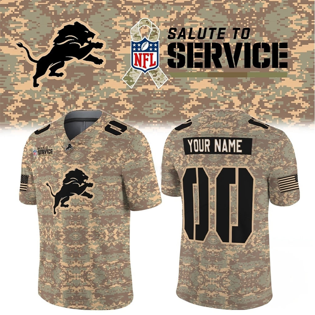 Custom Detroit Lions Salute To Service 2026 Camo Football Jersey Lions Merch Gifts For Brother