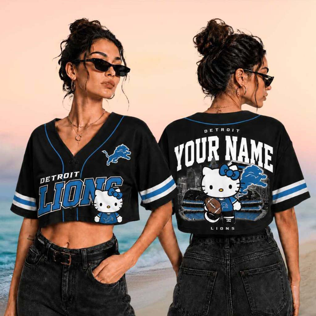Custom Detroit Lions x Hello Kitty Crop Baseball Jersey Lions Merch Football Fan Gift Ideas