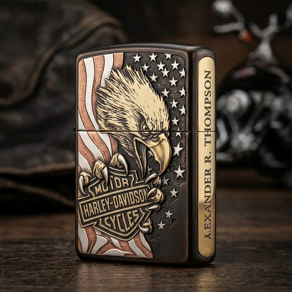 Custom Name Bald Eagle And American Flag Harley-Davidson Motorcycles Lighter Case Dad Gifts
