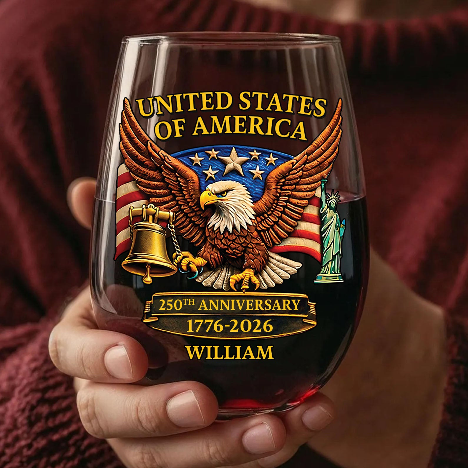 Custom Name USA 250 Years Anniversary Wine Glass Patriotic Eagle Bell 1776–2026 Merch Gifts
