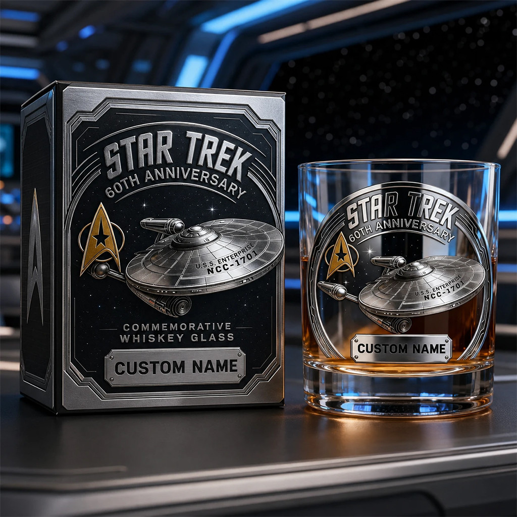 Custom Star Trek 60Th Anniversary 2026 U S S Enterprise NCC 1701 Whiskey Glass Star Trek Merch