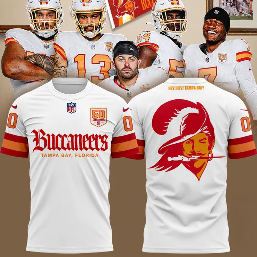 Custom Tampa Bay Buccaneers 50th Season Essential White T-Shirt Buccaneers Merch Gifts For Fan