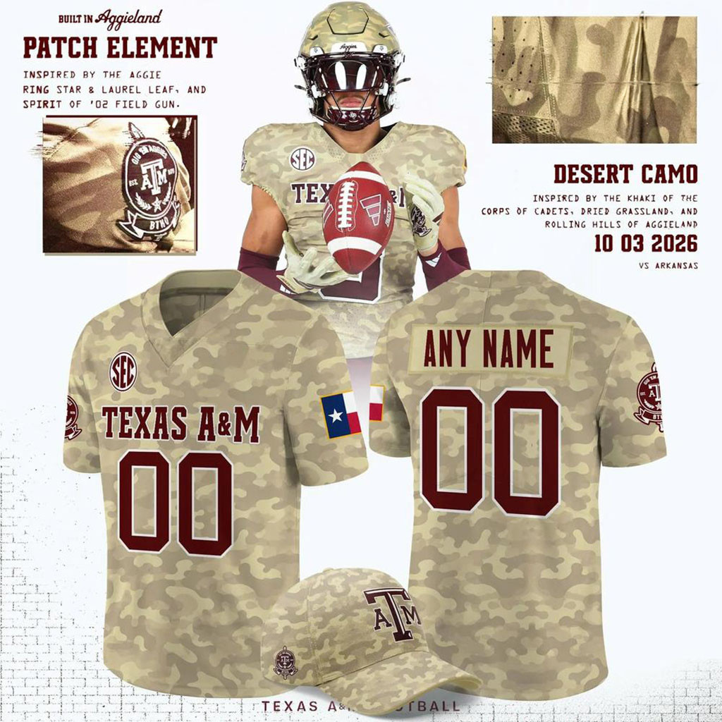 Custom Texas A&M Aggies 2026 Honor and Support Desert Camo Football Jersey Aggies Merch
