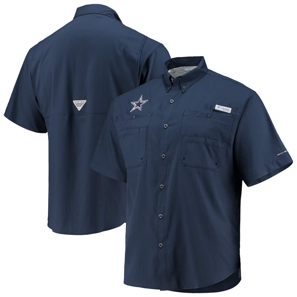 Dallas Cowboys Merch - Men's Columbia Tamiami Omni-Shade Button-Down Shirt, Navy - Cool Gifts For Football Fans