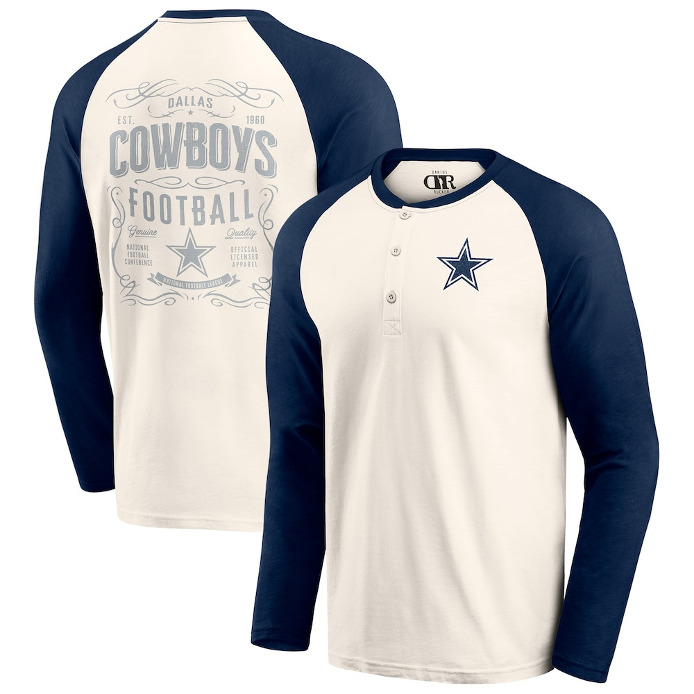 Dallas Cowboys Merch - Men's Darius Rucker Collection by Fanatics Raglan Henley Long Sleeve T-Shirt, White Navy - Good Football Gifts