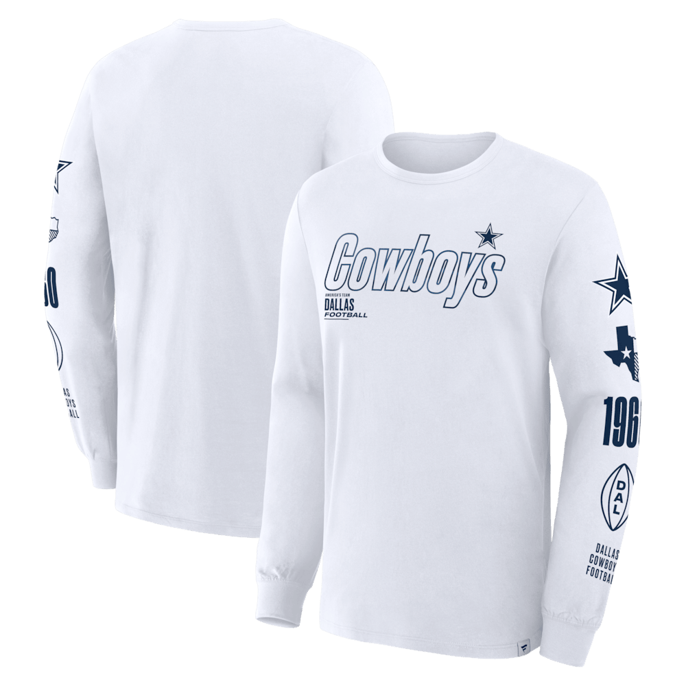 Dallas Cowboys Merch - Men's Fanatics Checkdown Pass Long Sleeve T-Shirt, White - American Football Gifts