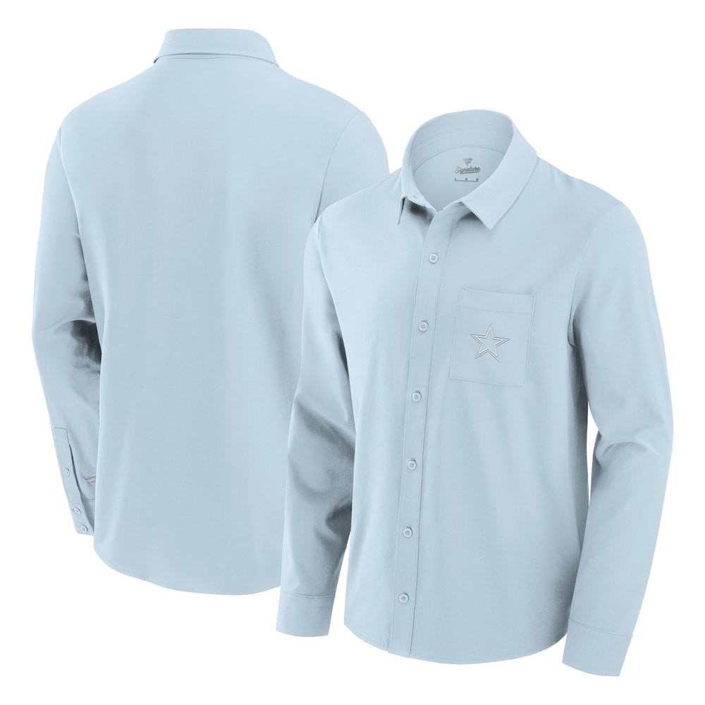 Dallas Cowboys Merch - Men's Fanatics Light Front Office Long Sleeve Button-Up Shirt, Blue - Best Gifts For Football Fans