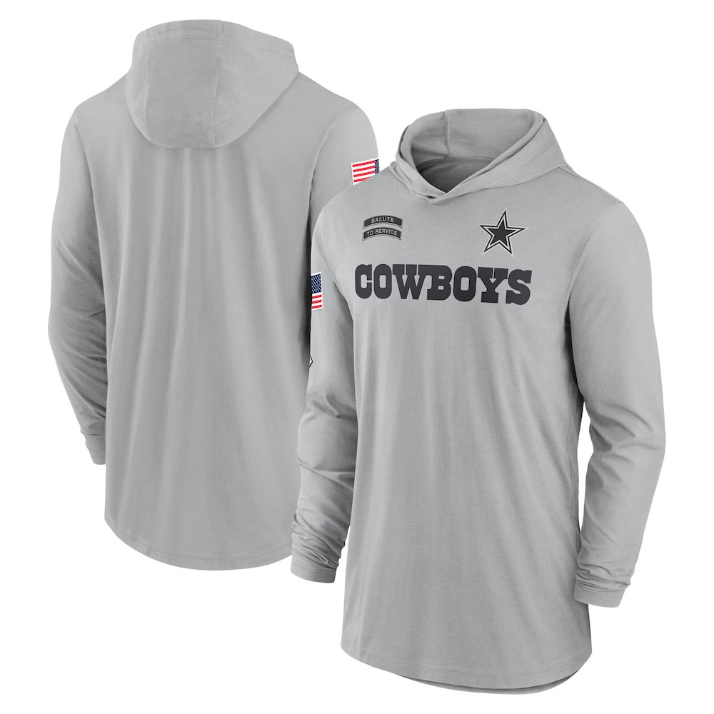 Dallas Cowboys Merch - Men's Gray 2024 Salute to Service Lightweight Dri-FIT Long Sleeve Hoodie T-Shirt - Best Football Gifts For Christmas