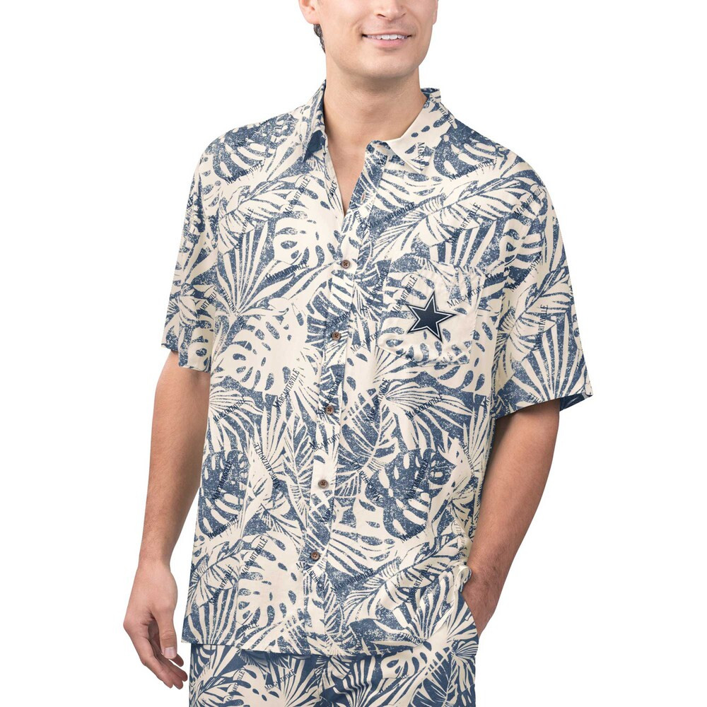 Dallas Cowboys Merch - Men's Margaritaville Sand Washed Monstera Full-Button Party Shirt, Navy - Football Gift Idea