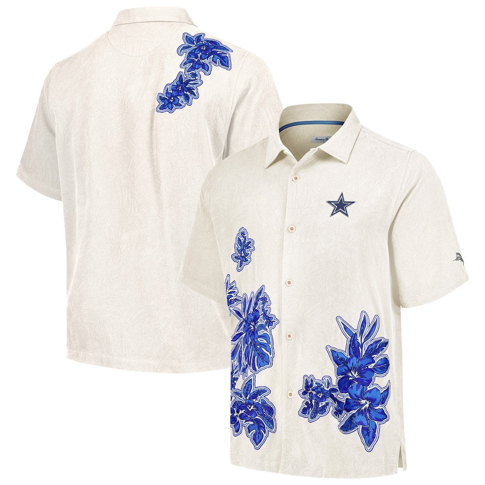 Dallas Cowboys Merch - Men's Tommy Bahama Cream Hibiscus Camp Button-Up Shirt - Football Fan Present Ideas
