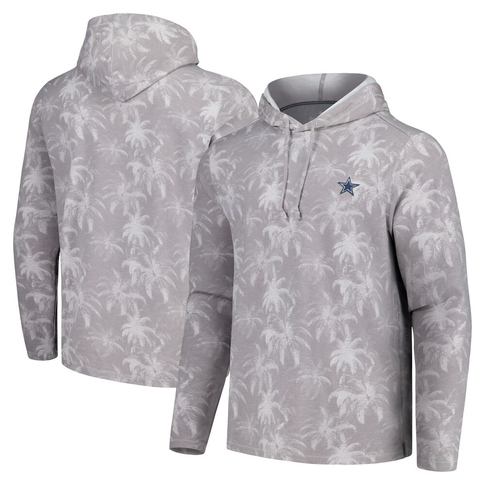Dallas Cowboys Merch - Men's Tommy Bahama Gray Palm Frenzy Hoodie Long Sleeve T-Shirt - Football Christmas Gift Ideas
