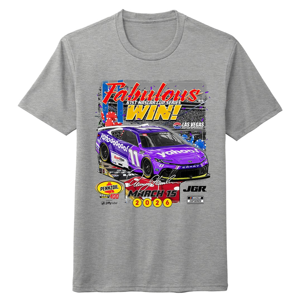 Denny Hamlin Merch Denny Hamlin Joe Gibbs Racing Team 2026 Pennzoil 400 Winner T-Shirt Gray