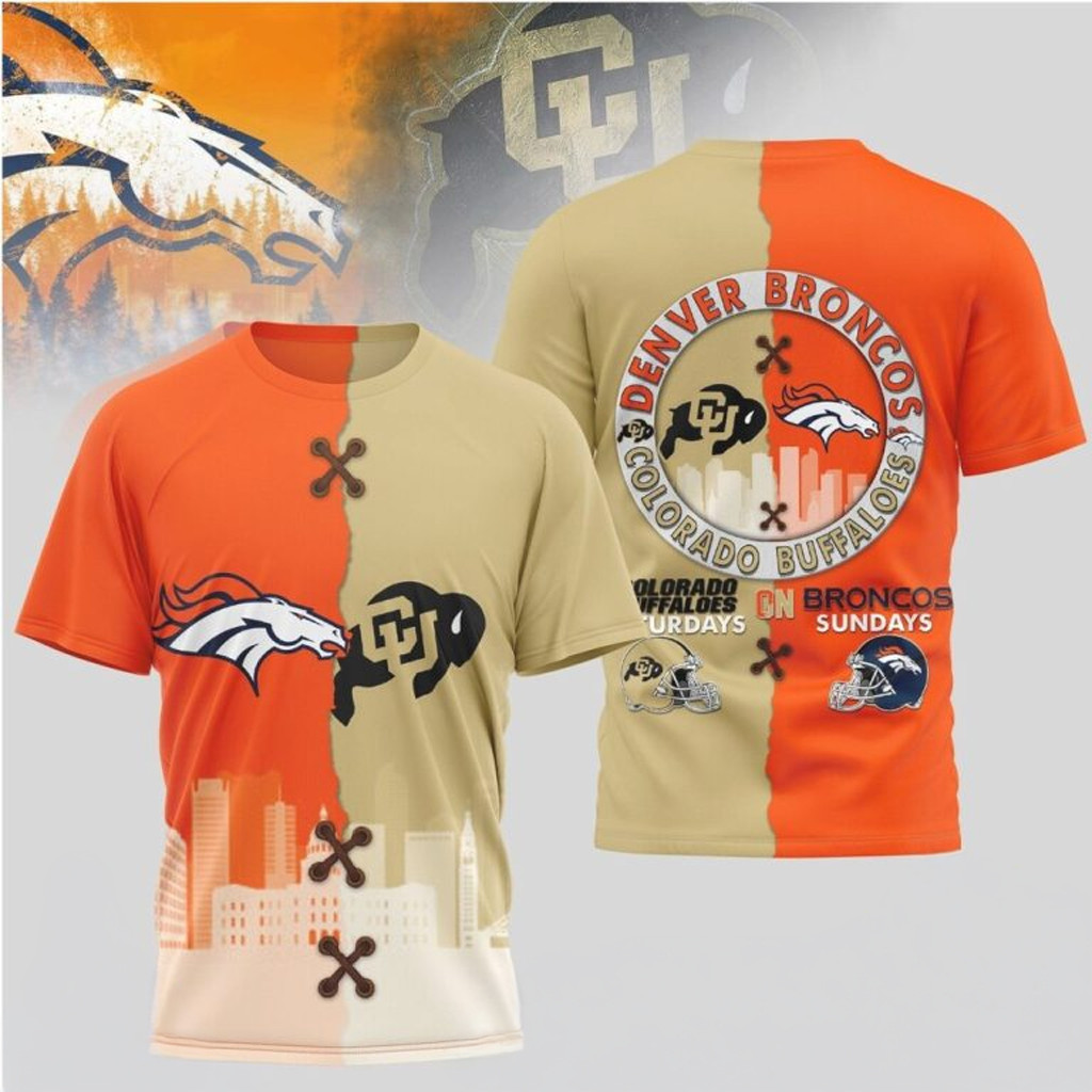 Denver Broncos And Colorado Buffaloes Dual Logo Split T-Shirt Mile High Game Day Shirt