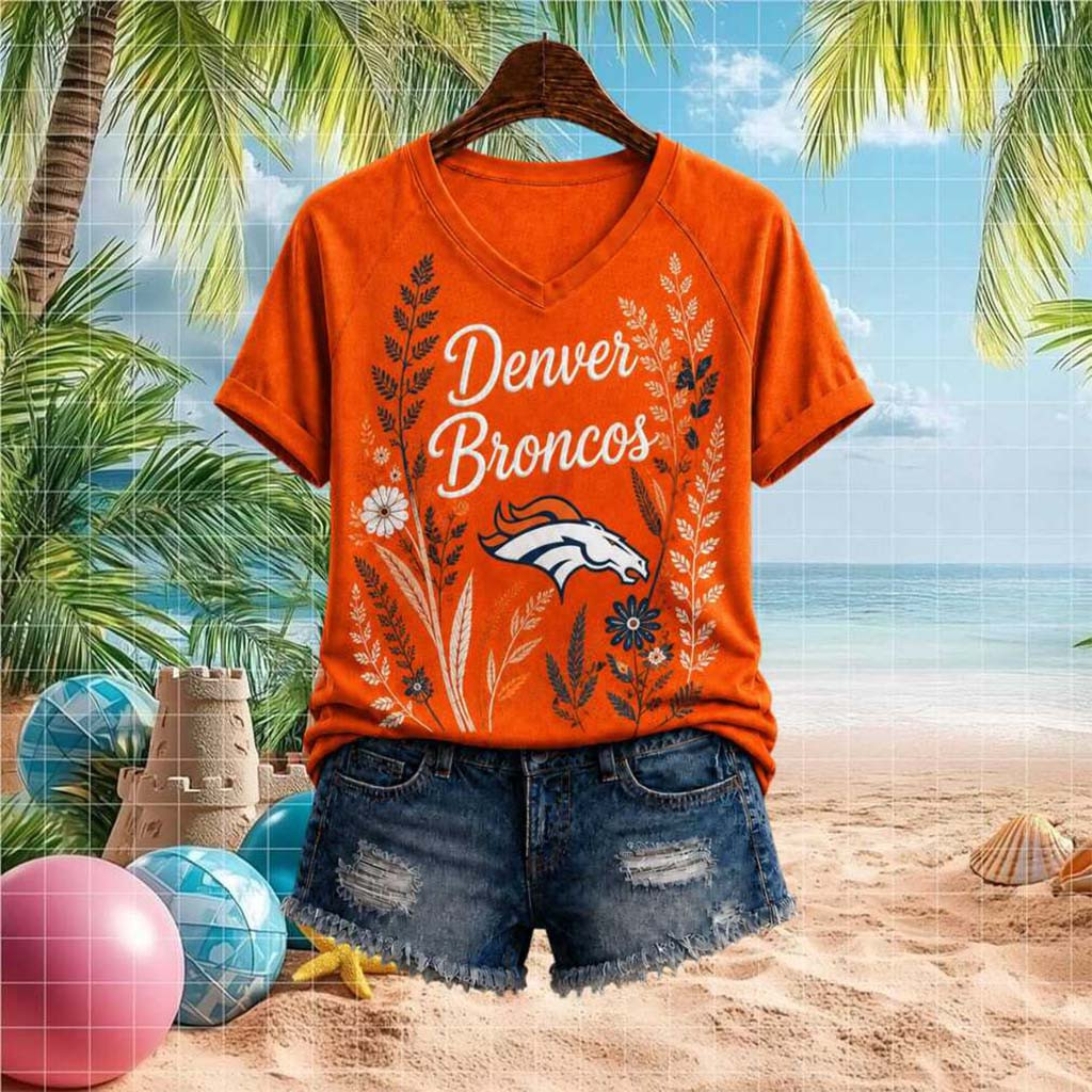Denver Broncos Floral Boho Football Team V-Neck Shirt Denver Broncos Merch Gift For Fangirl