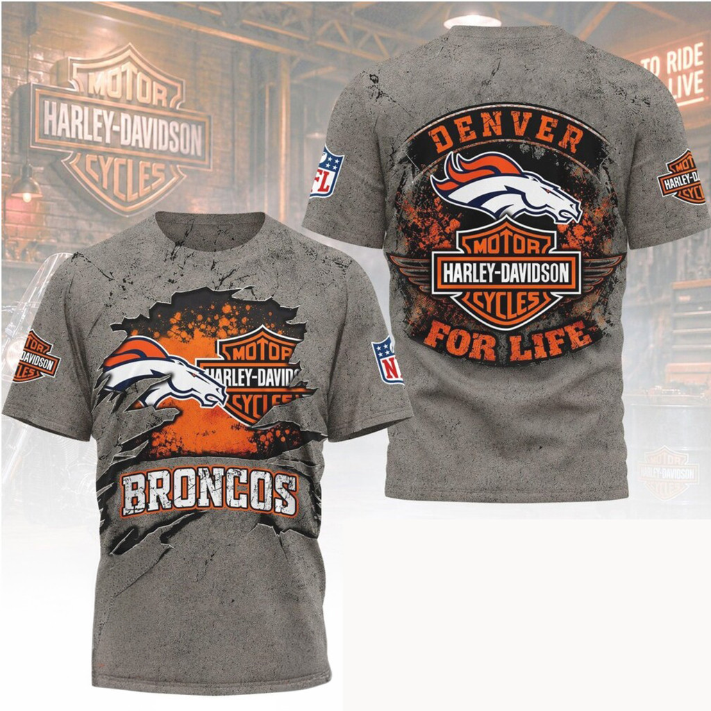 Denver Broncos Harley Davidson For Life Motor Motorcycle T-Shirt Denver Broncos Merch Gift Idea