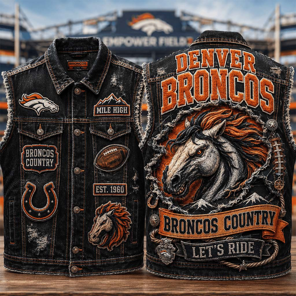 Denver Broncos Merch Broncos Country Let's Ride Est 1960 Denim Vest Presents For Football Lovers