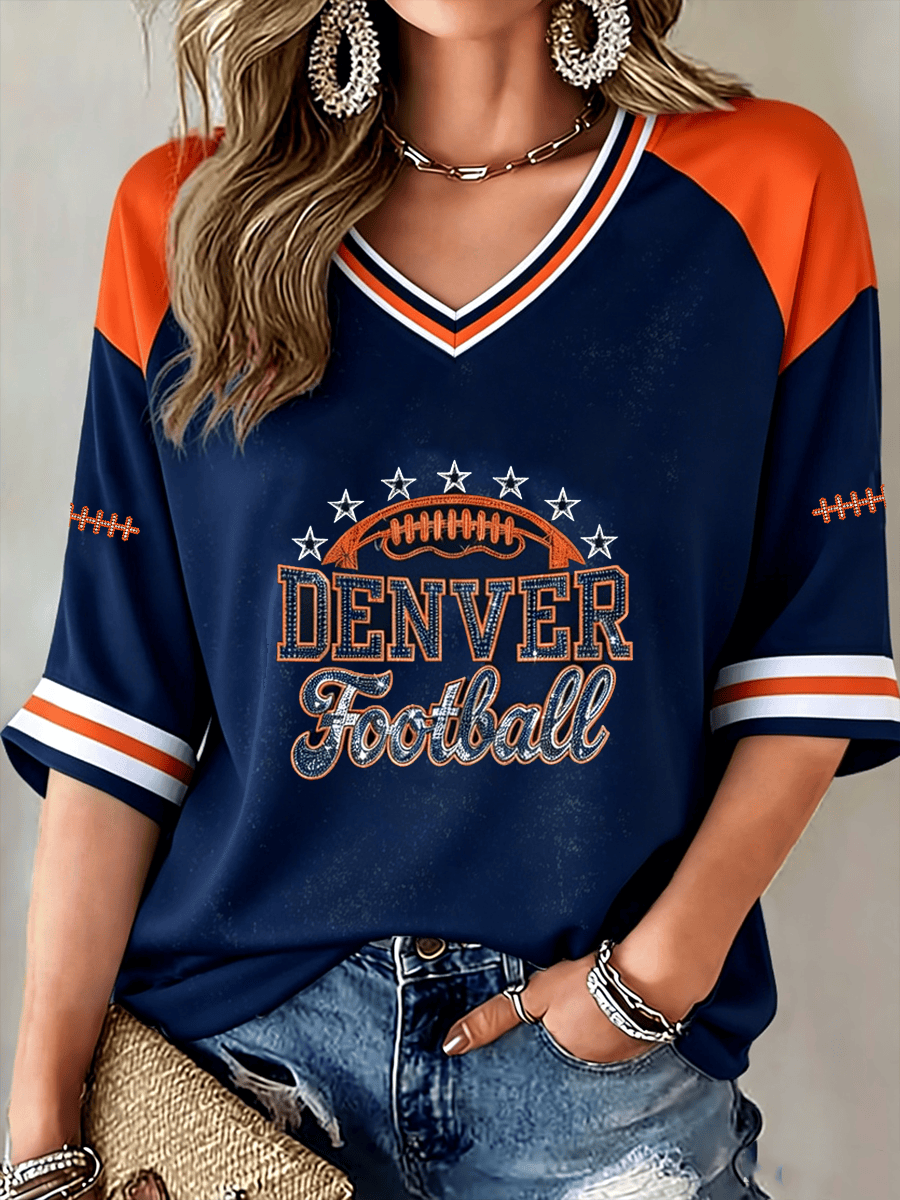 Denver Broncos Merch Game Day Denver Football Crop Sleeve V-Neck T-Shirt Football Fan Gifts