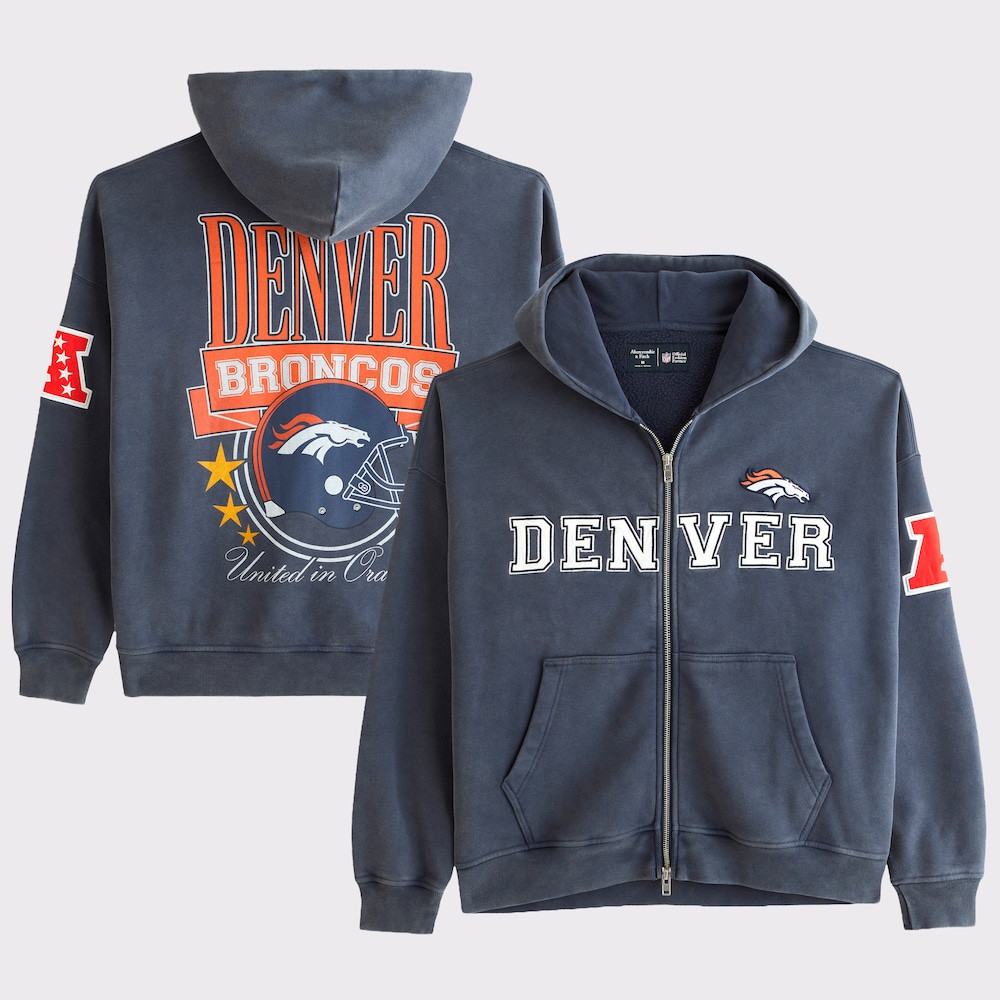Denver Broncos Merch - Men's Abercrombie & Fitch Fleece Full-Zip Hoodie, Navy - Best Presents For Football Fans