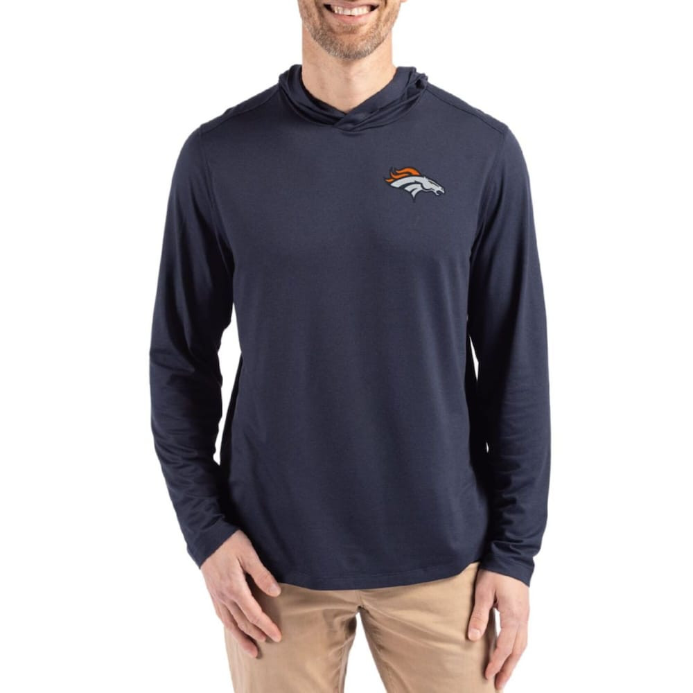 Denver Broncos Merch - Men's Coastline Epic Comfort Eco Recycled Long Sleeve Hoodie T-Shirt, Navy - Cutter & Buck - Birthday Gift For Football Lover