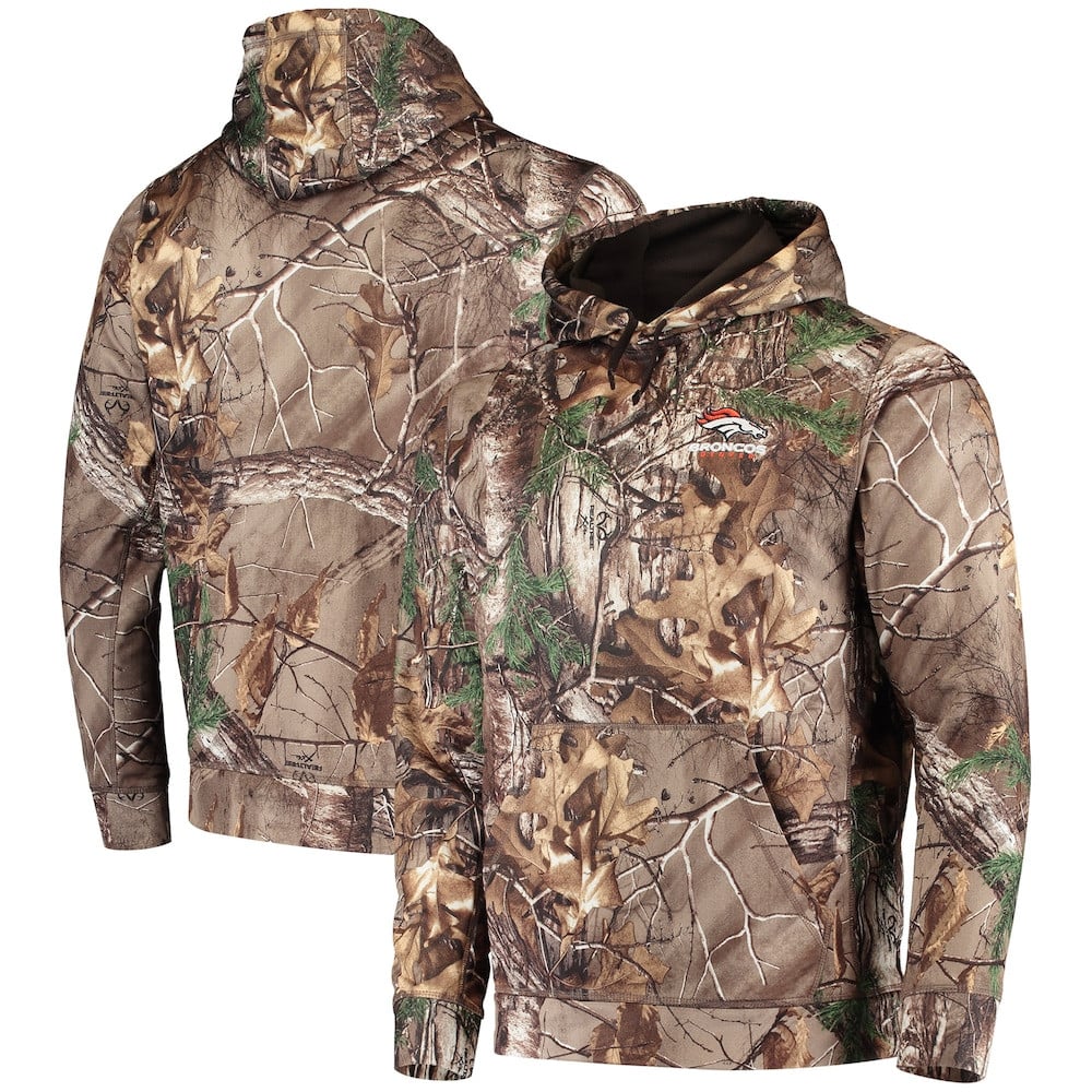 Denver Broncos Merch - Men's Dunbrooke Realtree Camo Circle Champion Tech Fleece Pullover Hoodie - Best Football Related Gifts