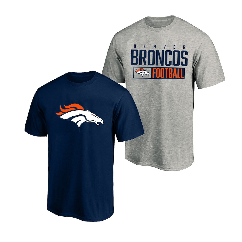 Denver Broncos Merch - Men's Fanatics 2-Pack T-Shirt Set, Big & Tall, Heather Gray Navy - Presents For Football Lovers