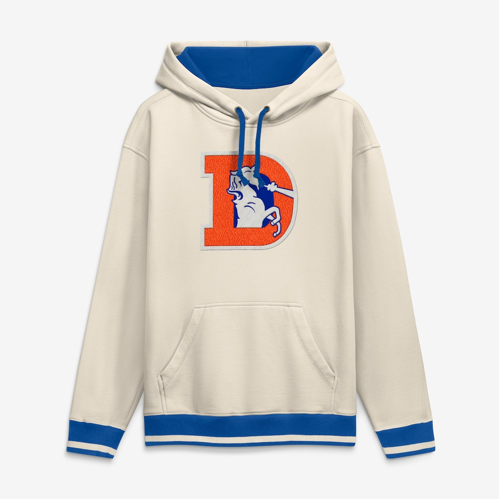 Denver Broncos Merch - Men's Fanatics Cream Chenille Heavyweight Fleece Hoodie - American Football Fan Gifts
