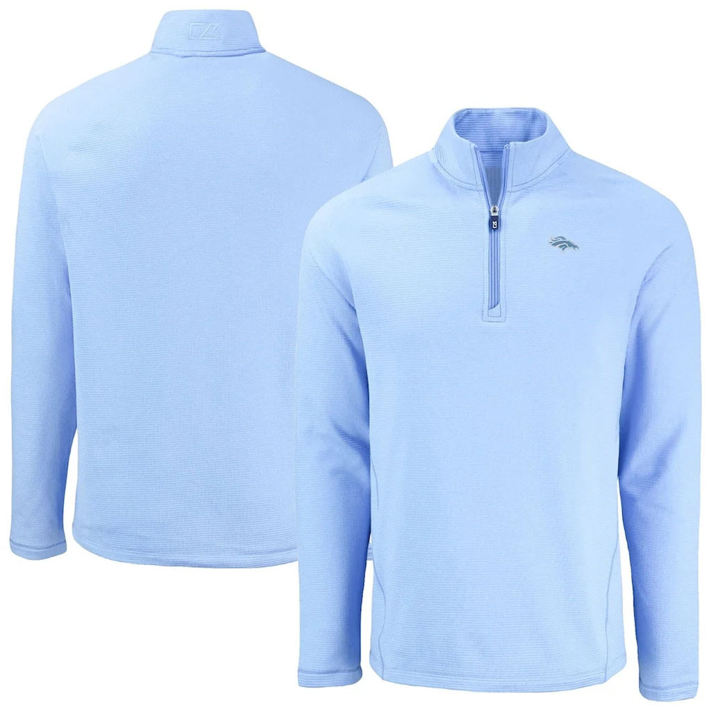 Denver Broncos Merch - Men's Powder Peshastin Eco Fleece Recycled Raglan Quarter-Zip Top, Blue - Cutter & Buck - Football Fan Gift Ideas