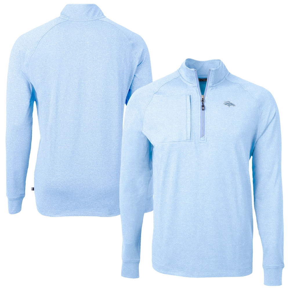 Denver Broncos Merch - Men's Powder Raglan Heather Quarter-Zip Top, Blue - Cutter & Buck - Football Gifts For Men