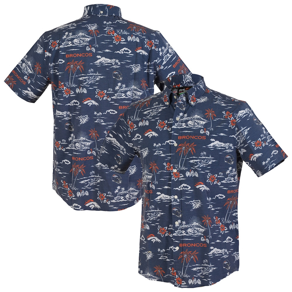 Denver Broncos Merch - Men's Reyn Spooner Kekai Performance Button-Down Shirt, Navy - Birthday Present For Football Fan