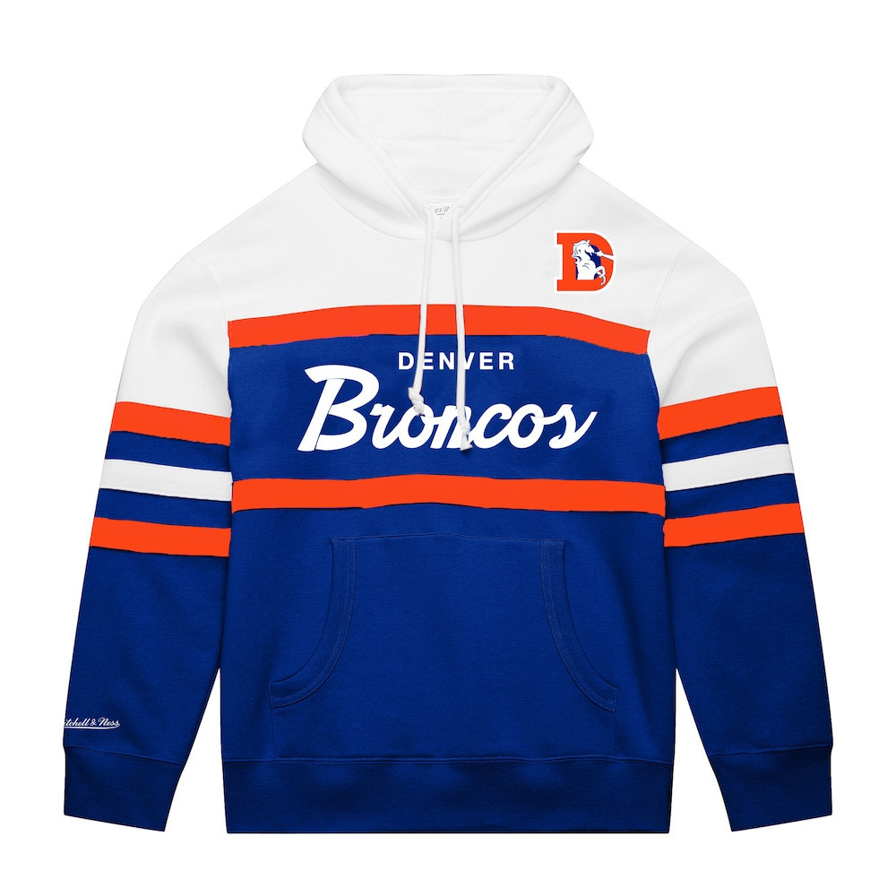 Denver Broncos Merch - Men's Royal Head Coach Hoodie, Big & Tall, White - Mitchell & Ness - Best Gifts For Football Fans