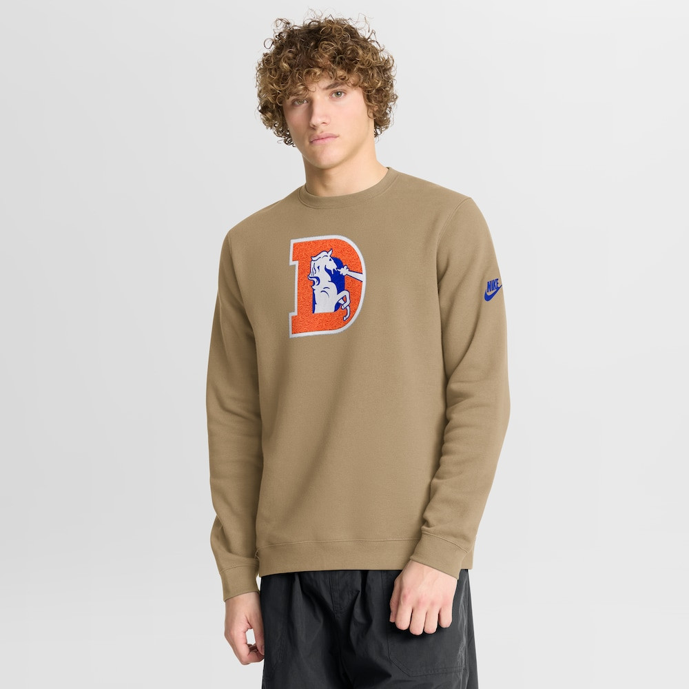 Denver Broncos Merch - Men's Tan Swing Pass Rewind Club Pullover Sweatshirt - American Football Presents