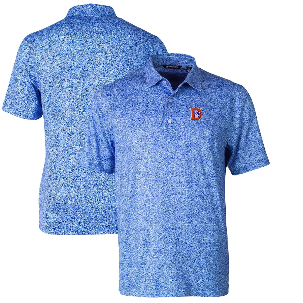Denver Broncos Merch - Men's Throwback Logo Pike Constellation Stretch Polo, Blue - Cutter & Buck - Football Team Gifts Ideas