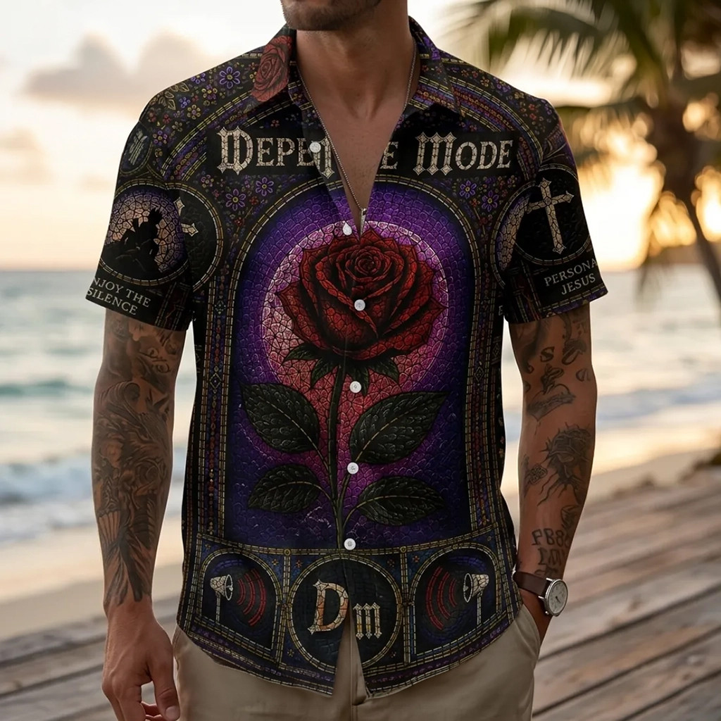 Depeche Mode Violator Rose Stained Glass Retro Hawaiian Shirt Depeche Mode Merch Fans Gifts