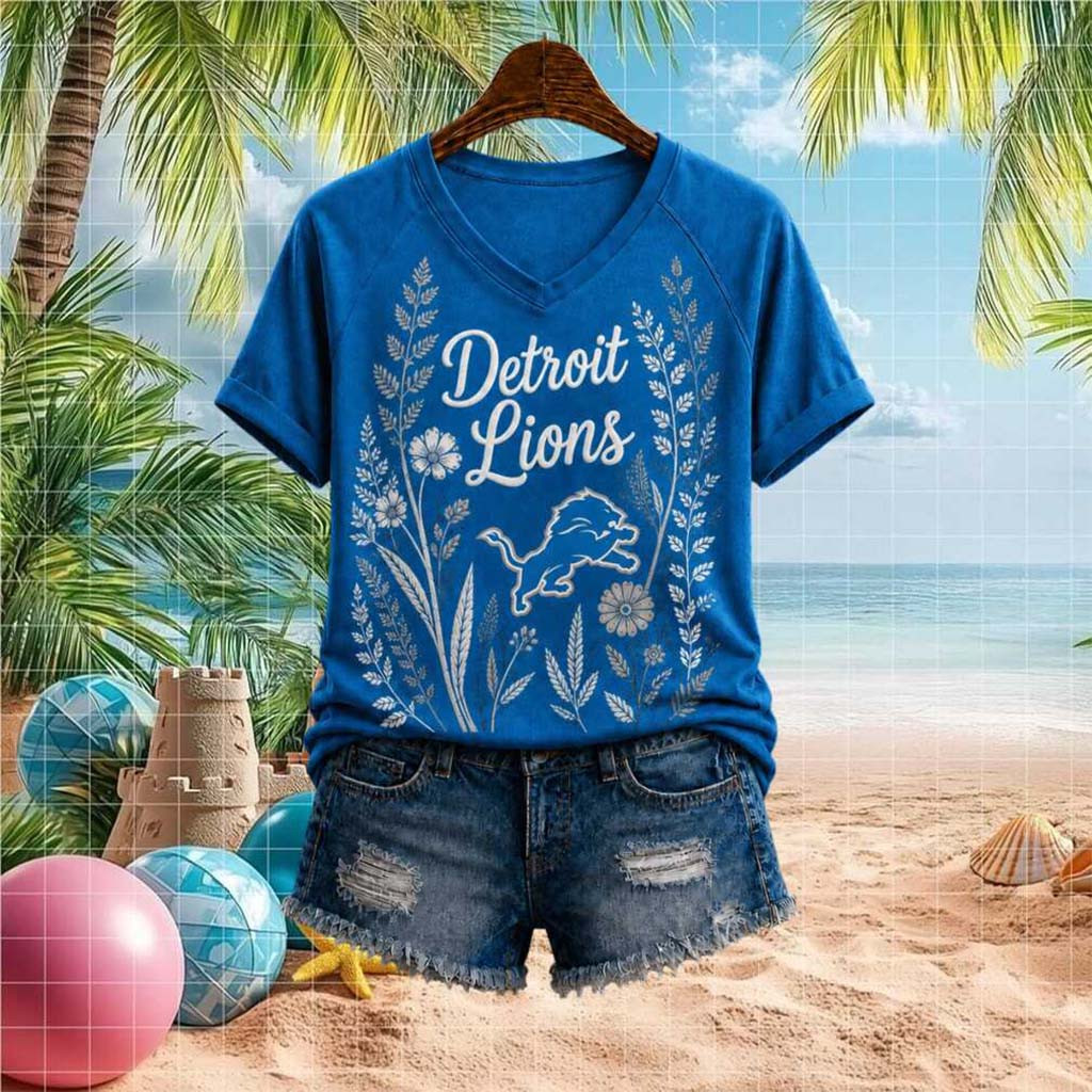 Detroit Lions Floral Style Mascot Logo V-Neck Shirt Detroit Lions Merch Gifts For Fans