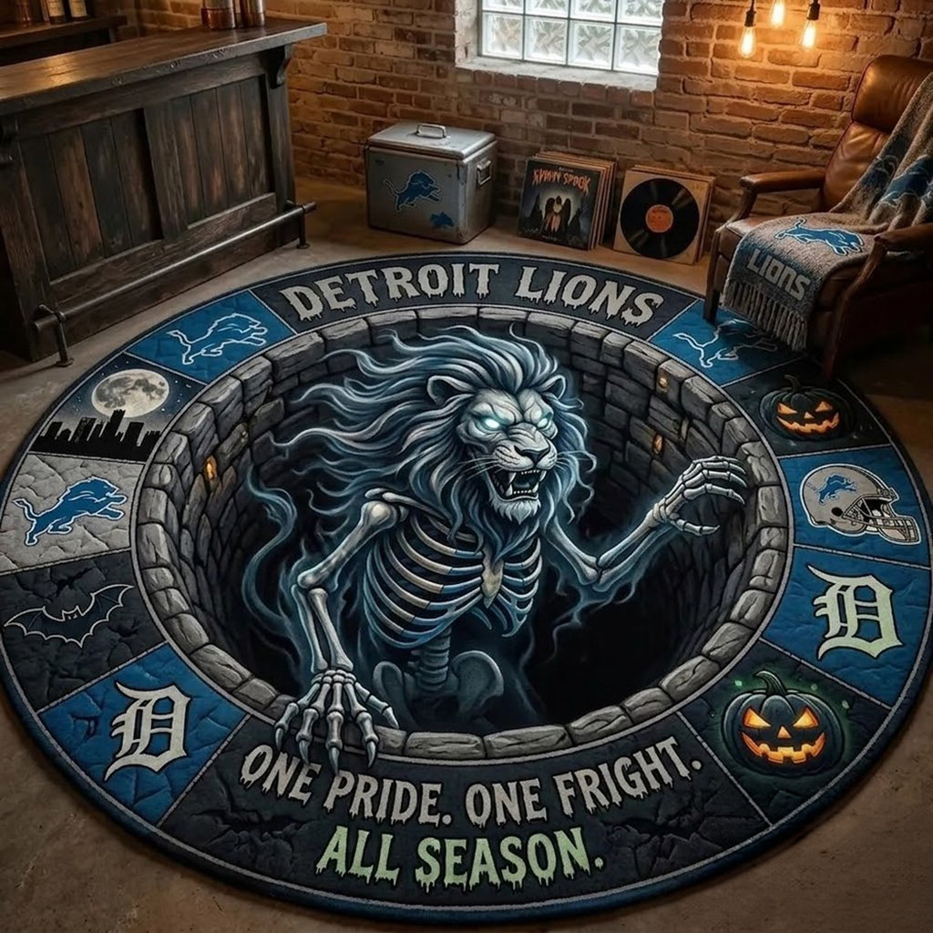 Detroit Lions Merch 2026 One Pride One Fright All Season Quilted Round Mat Halloween Home Decor